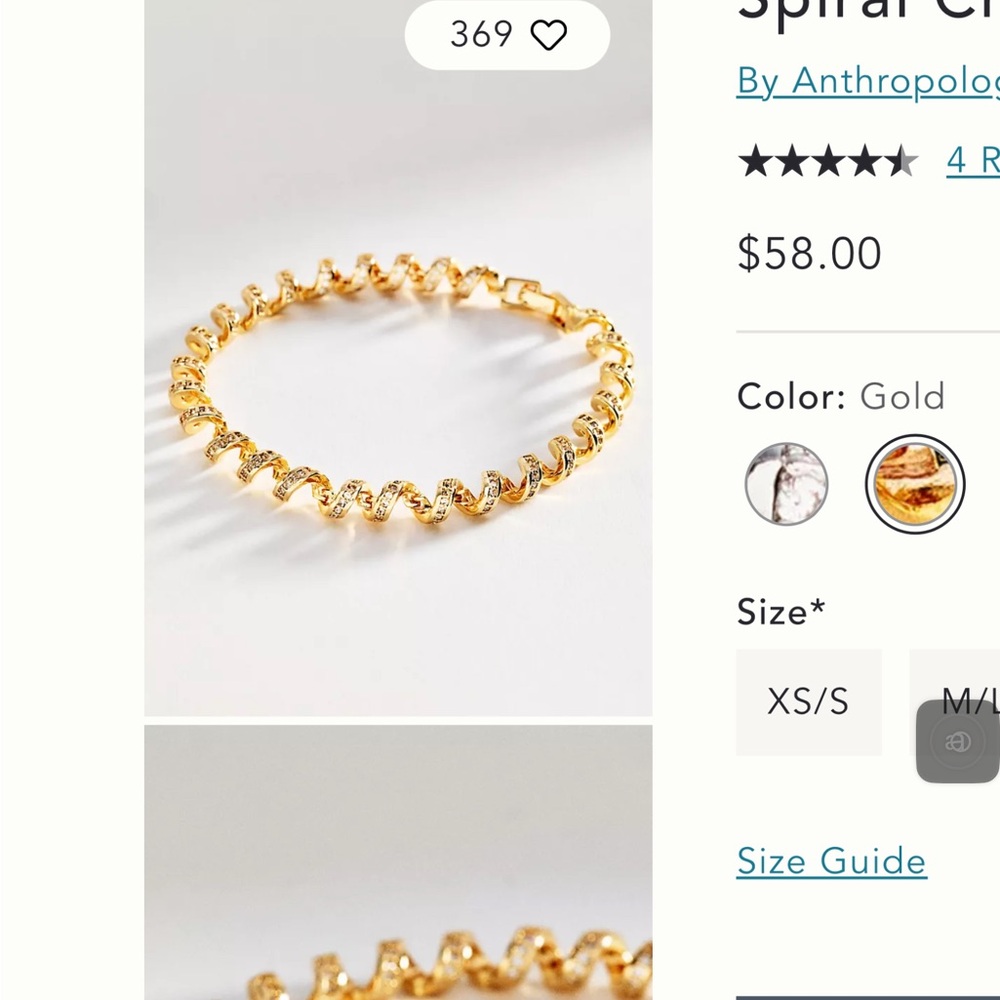 Anthropologie Gold Spiral Crystal Link Bracelet